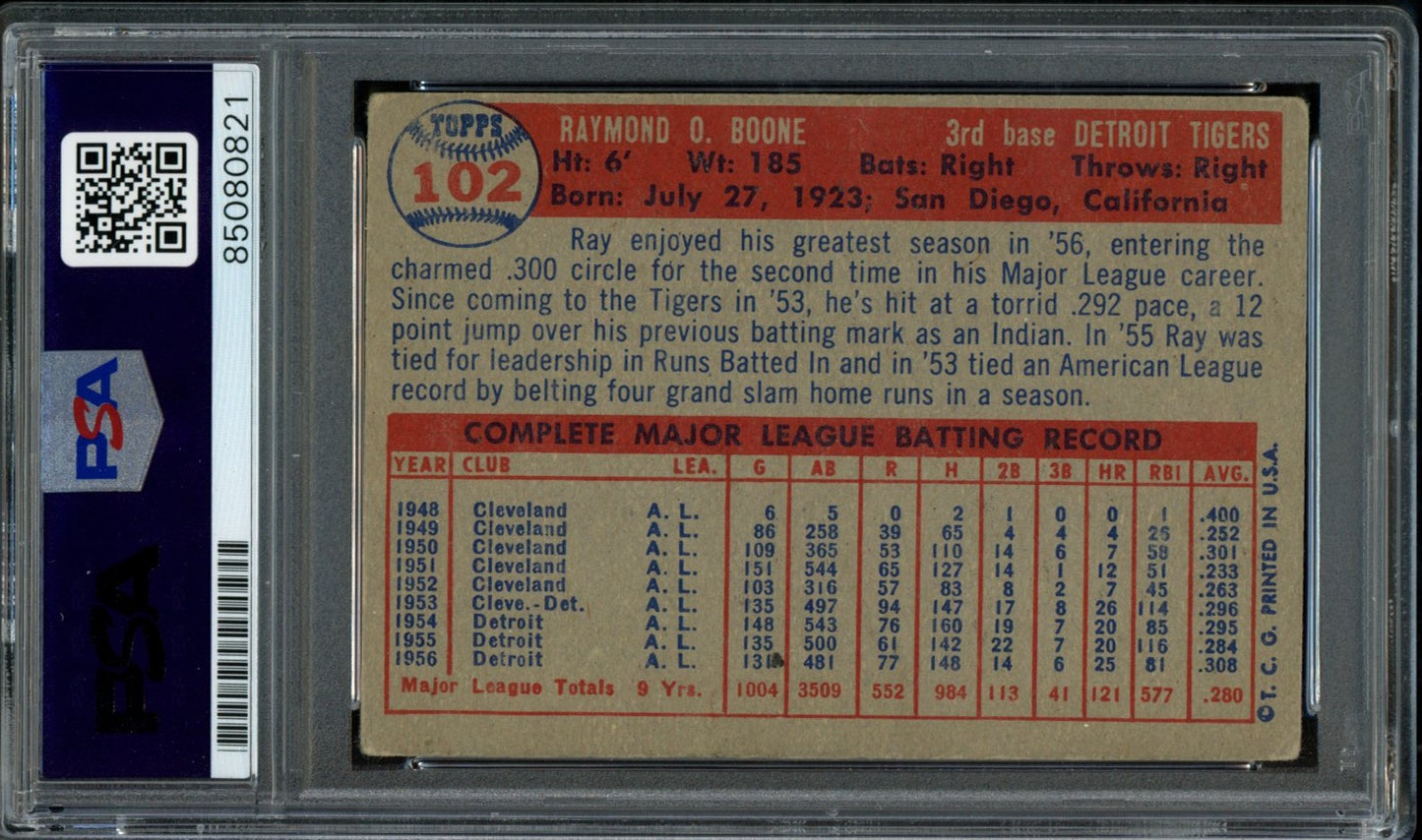 Ray Boone Signed 1957 Topps Card #102 Detroit Tigers PSA/DNA 184184