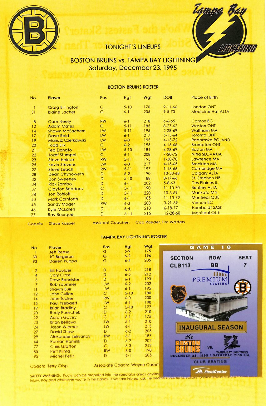 December 2nd 1995 Boston Bruins vs. Sabres Game Program + Ticket Stub 181795