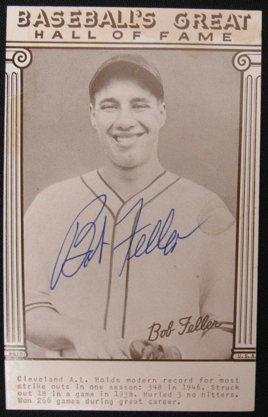 1977  Bob Feller Postcard  Signed Exhibit Baseball's Great Hall of Fame 149319