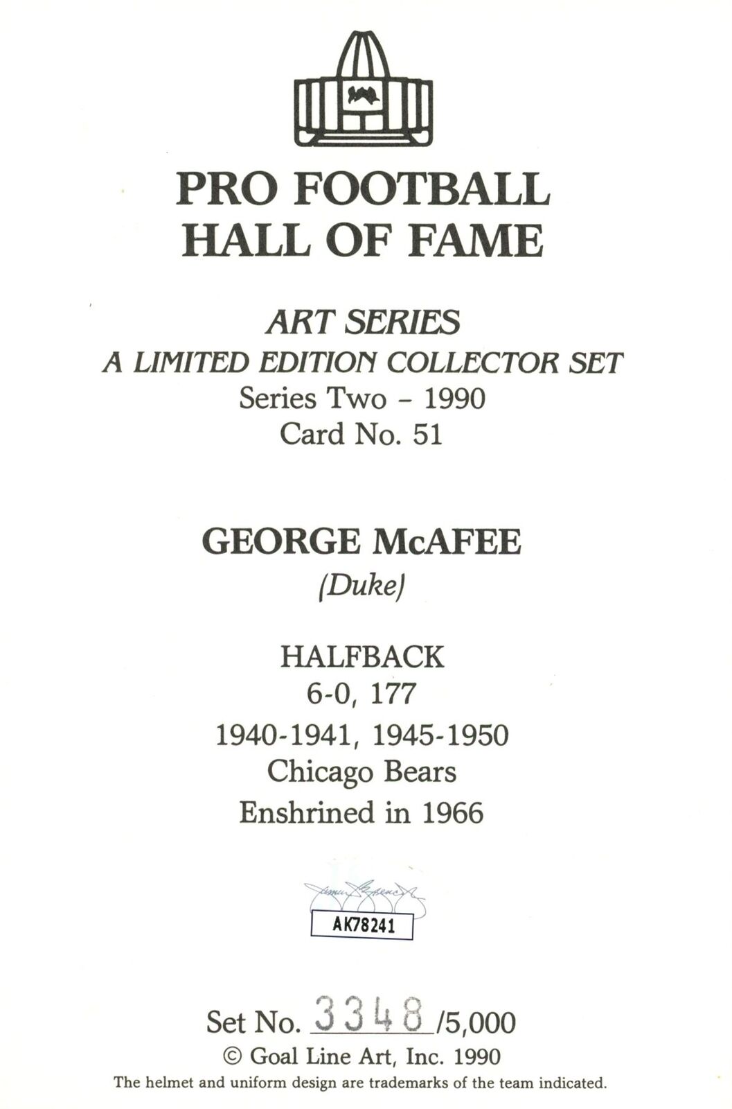 George McAfee HOF Autographed Goal Line Art GLAC Postcard Bears JSA 181001