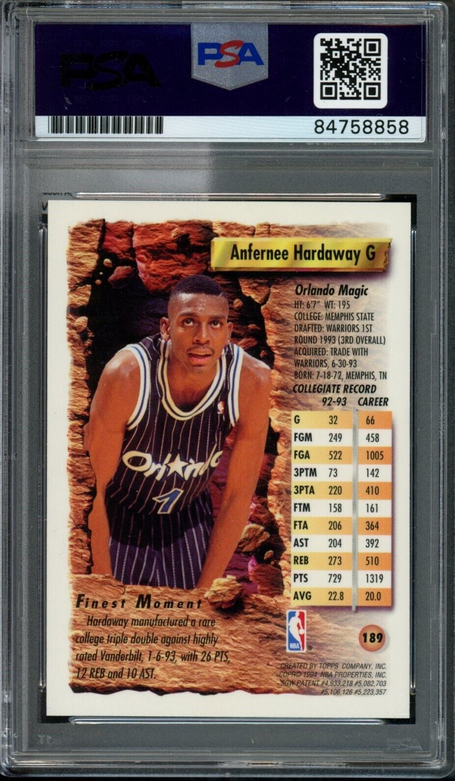 1993-94 TOPPS Finest Anfernee Hardaway #189 Rookie Card Signed Magic PSA/DNA