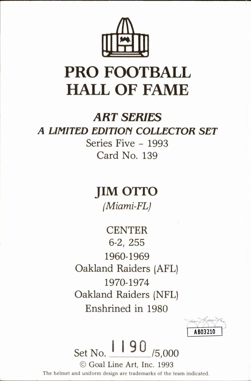 Jim Otto HOF Raiders Signed/Inscribed Goal Line Art GLAC Postcard JSA 167098