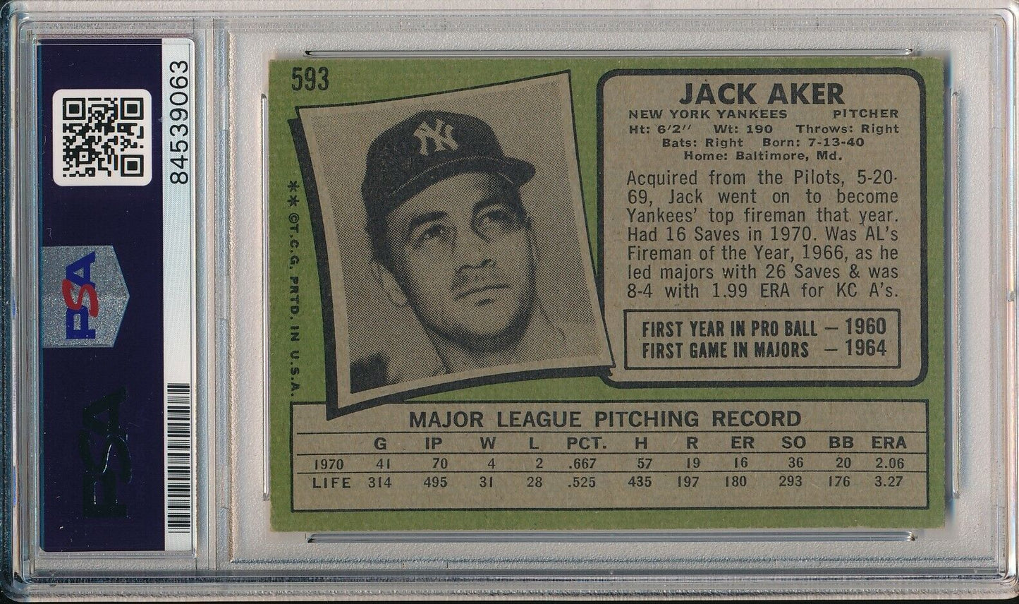 Jack Aker Yankees Signed/Autographed 1971 TOPPS Card #593 PSA/DNA 166834