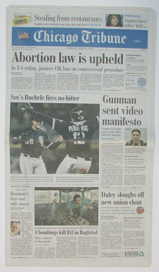 Mark Buehrle White Sox No-Hitter 2007 Chicago Tribune Newspaper 147878