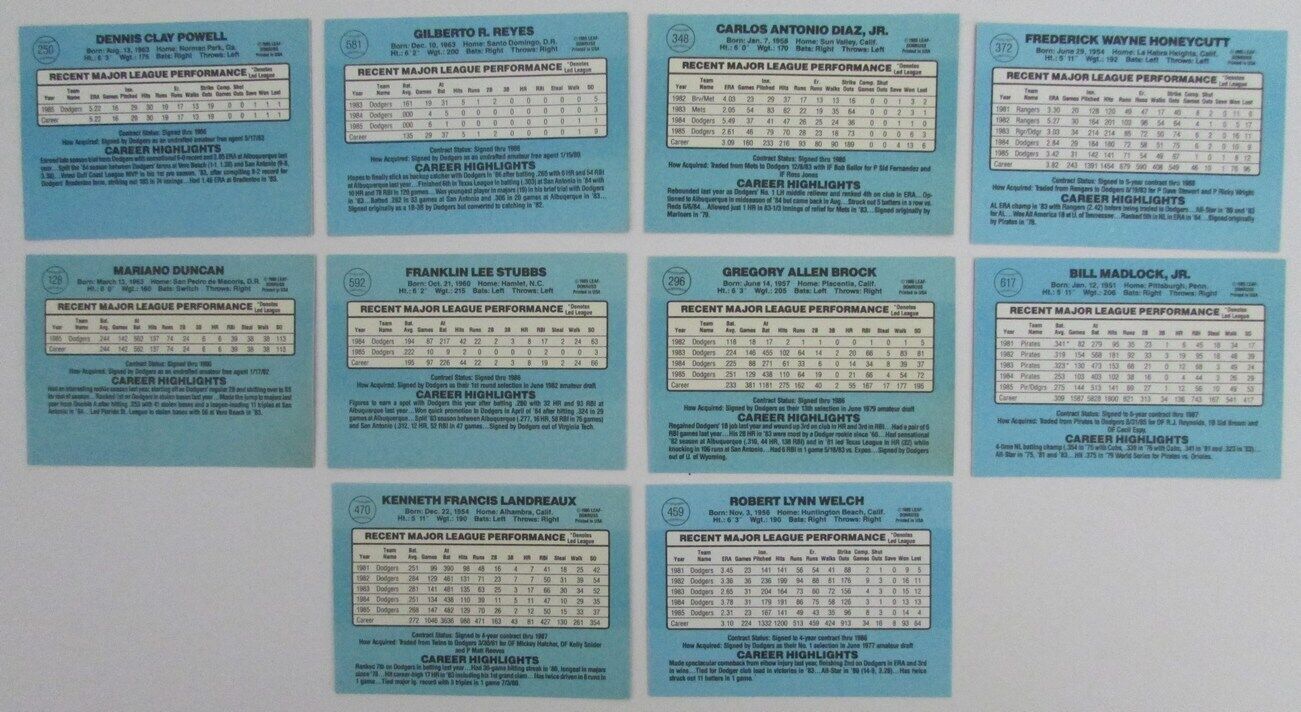 Lot of (10) Autographed 1986 Donruss Los Angeles Dodgers Baseball Cards