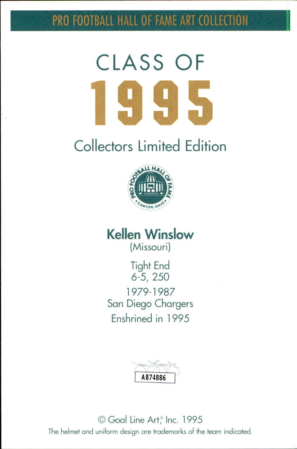 Kellen Winslow HOF Signed/Inscr Goal Line Art GLAC Postcard Chargers JSA 173990