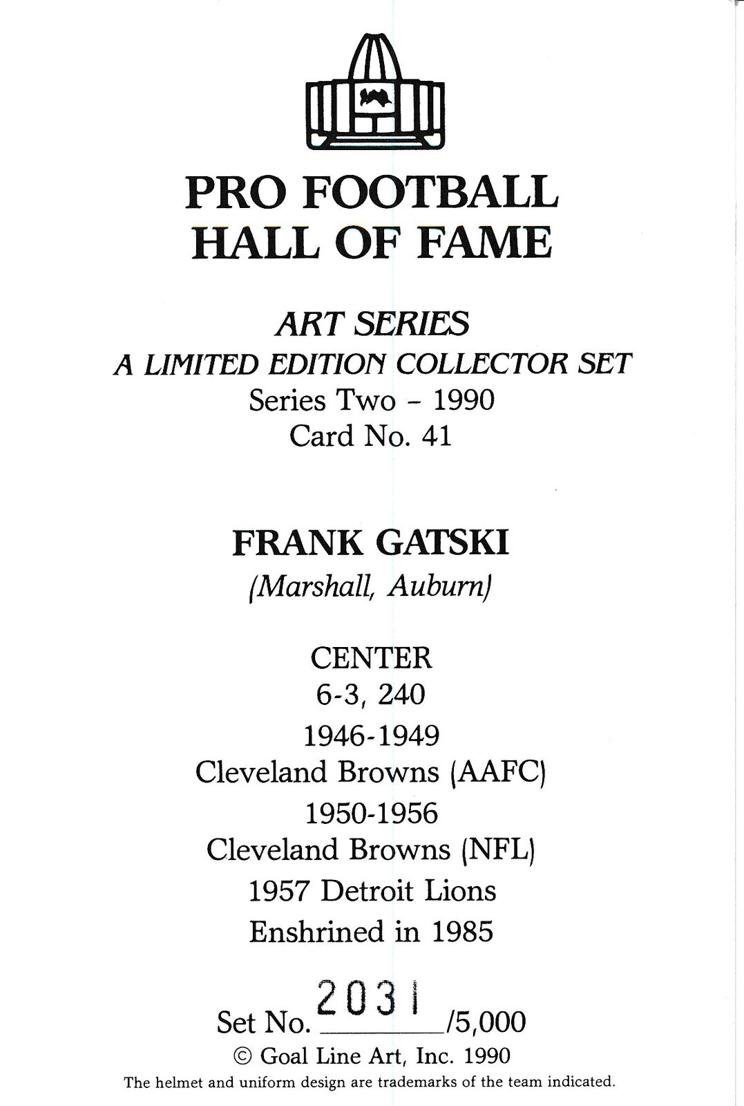 Frank Gatski HOF Browns Signed/Inscribed Goal Line Art GLAC Postcard 163823