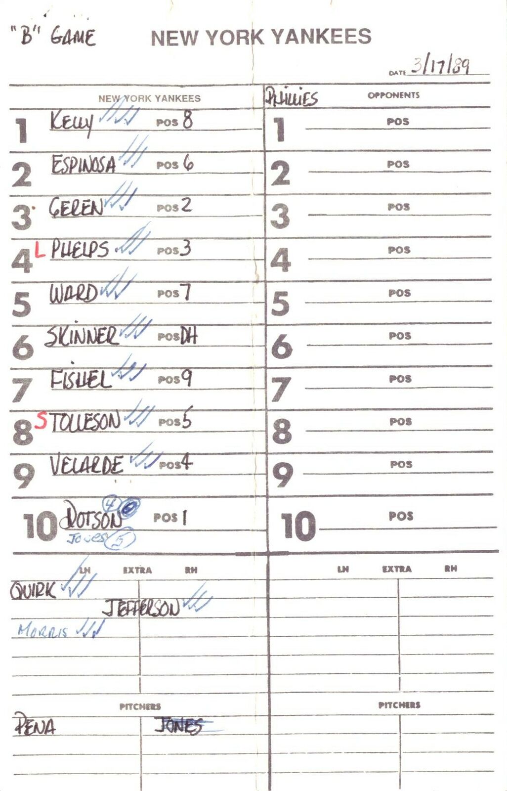 1989 New York Yankees Spring Training 5.5x8.5 Lineup Card vs. Phillies 151528