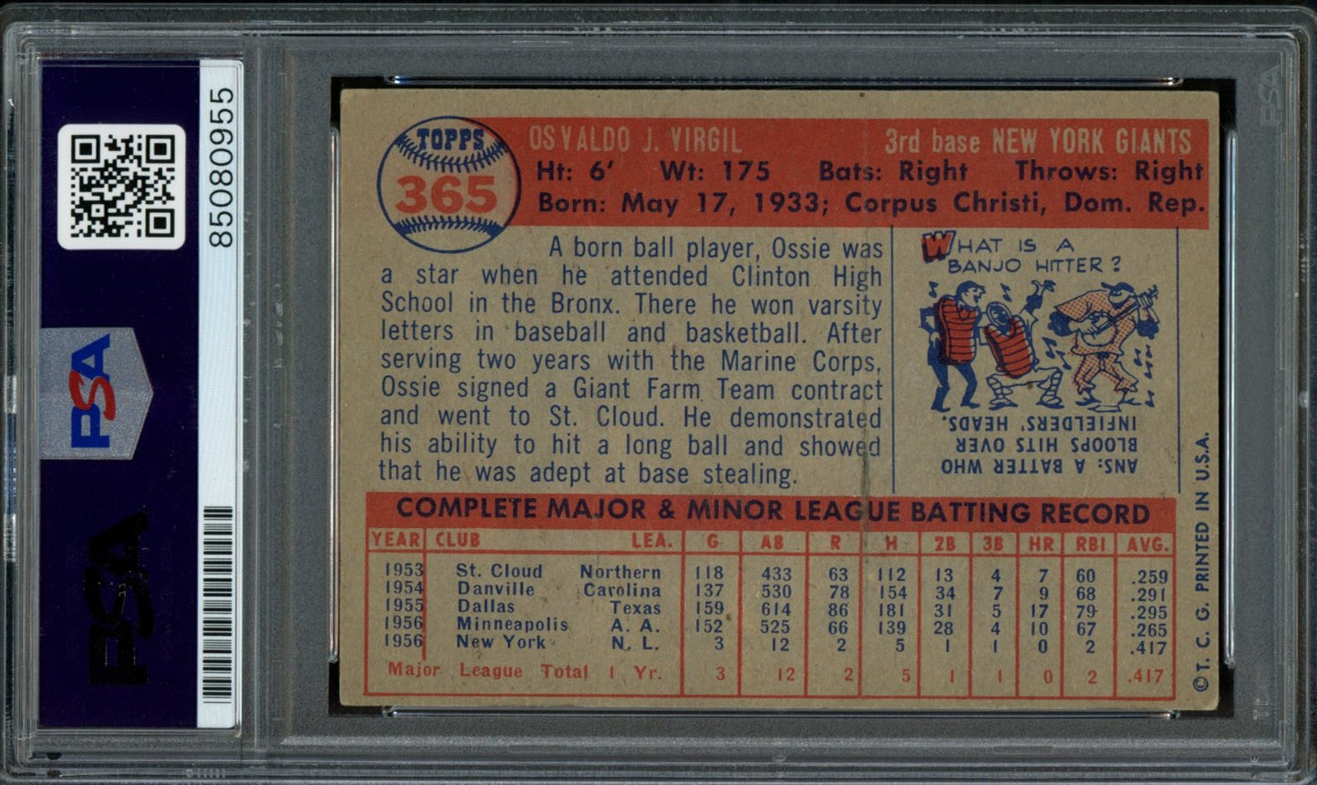 1957 TOPPS Ozzie Virgil #365 Auth Card Signed NY Giants PSA/DNA 184126