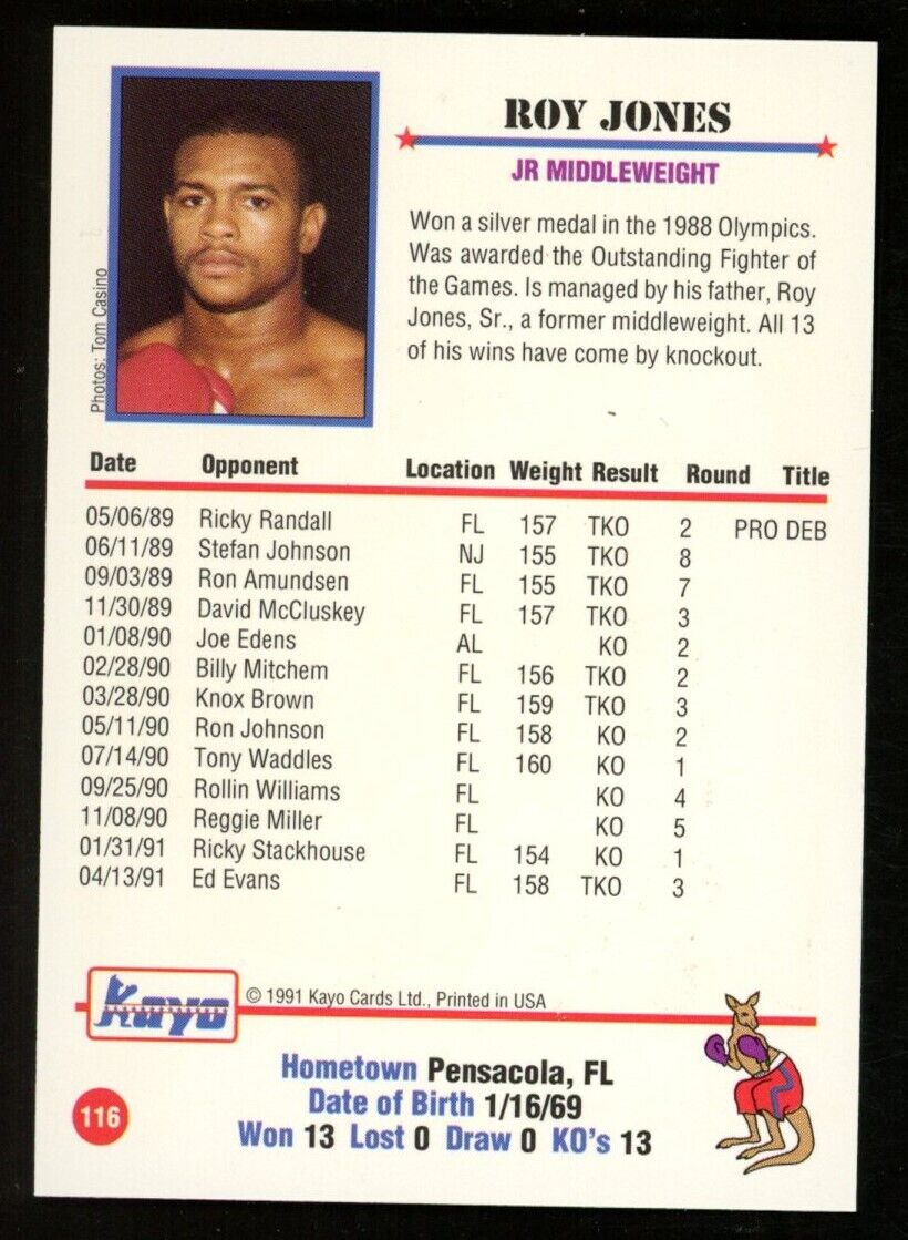 1991 Kayo Boxing Roy Jones Card #116 JR Middleweight