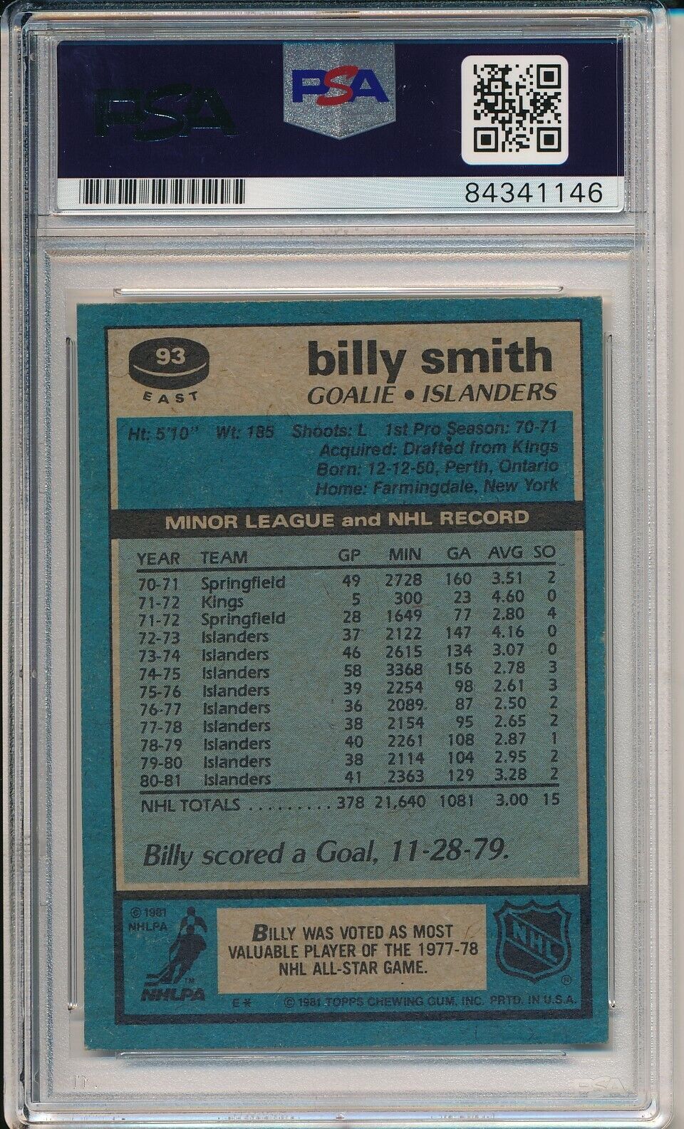 Billy Smith HOF NY Islanders Signed/Auto 1981 TOPPS Card #93 PSA/DNA 163644