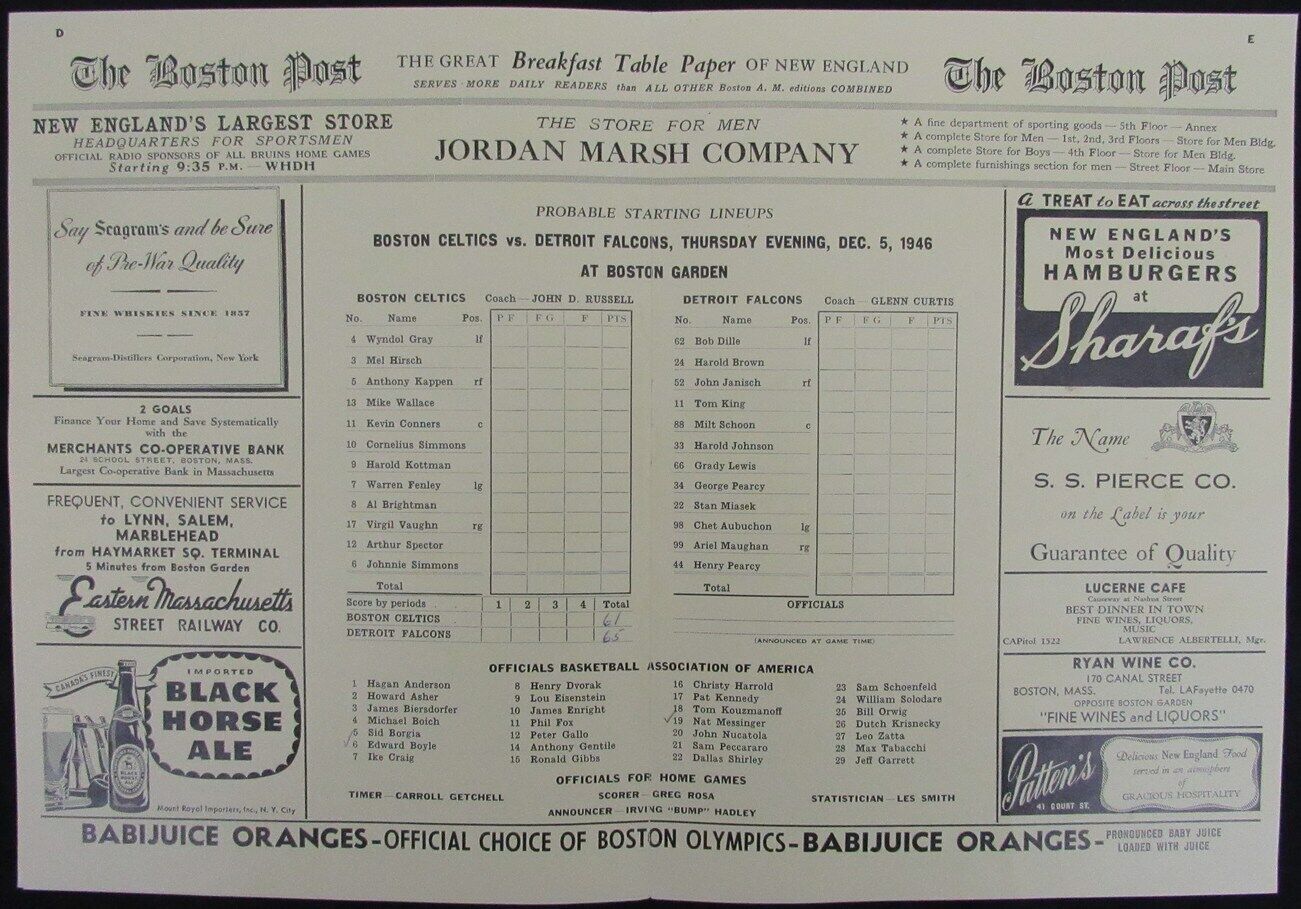 Vintage 1946 Boston Celtics vs. Detroit Falcons Game Program 176878