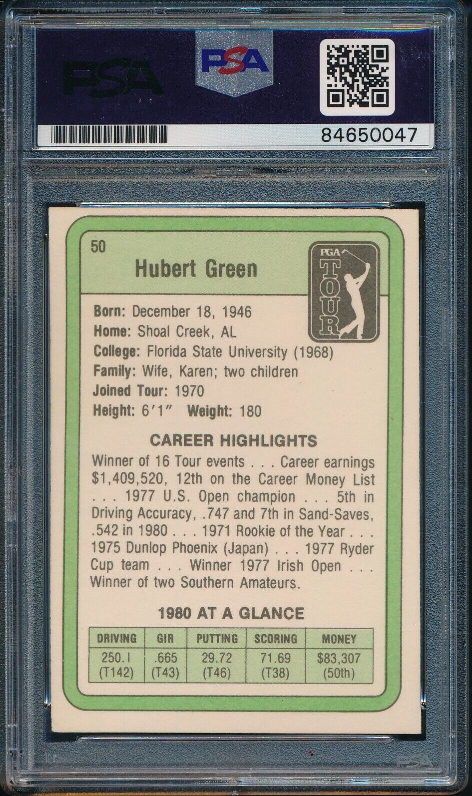 1981 DONRUSS PGA Hubert Green #50 Authentic Card Signed PSA/DNA 176047