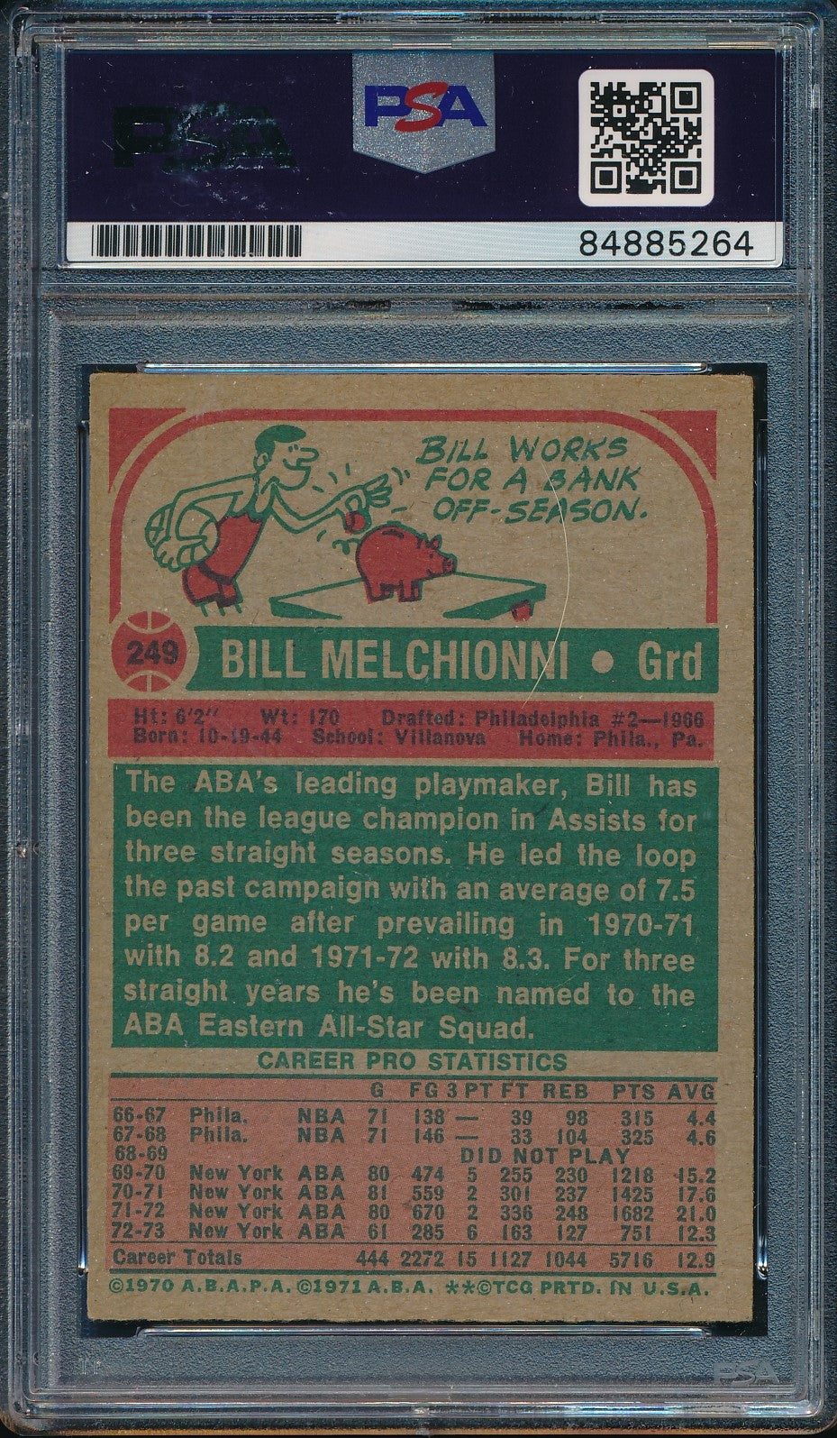 Bill Melchionni Nets Autographed 1973-74 TOPPS Card #249 PSA/DNA 182136