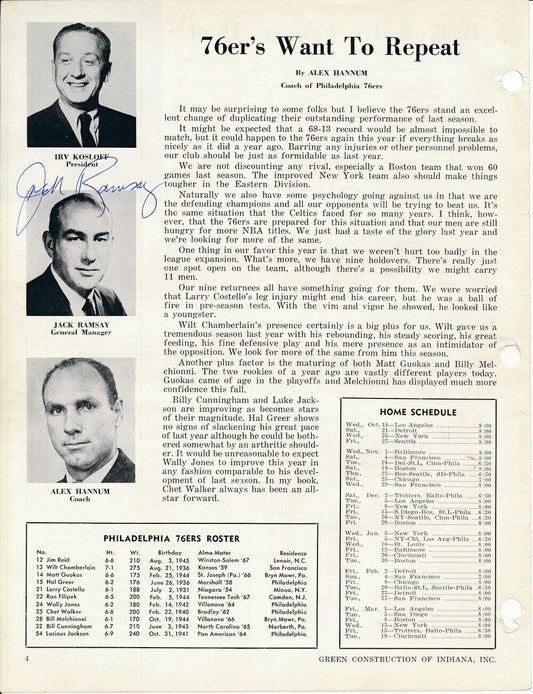 Jack Ramsay Philadelphia 76ers GM HOF 1968 d.2014 Signed Magazine Cut 151269