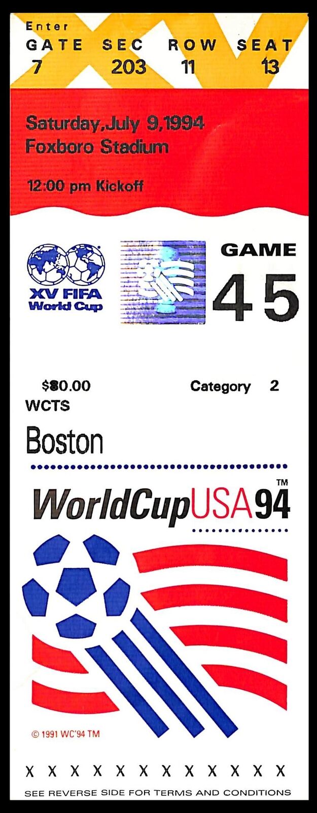 July 9, 1994 World Cup USA Soccer Ticket Stub Italy vs. Spain 179655