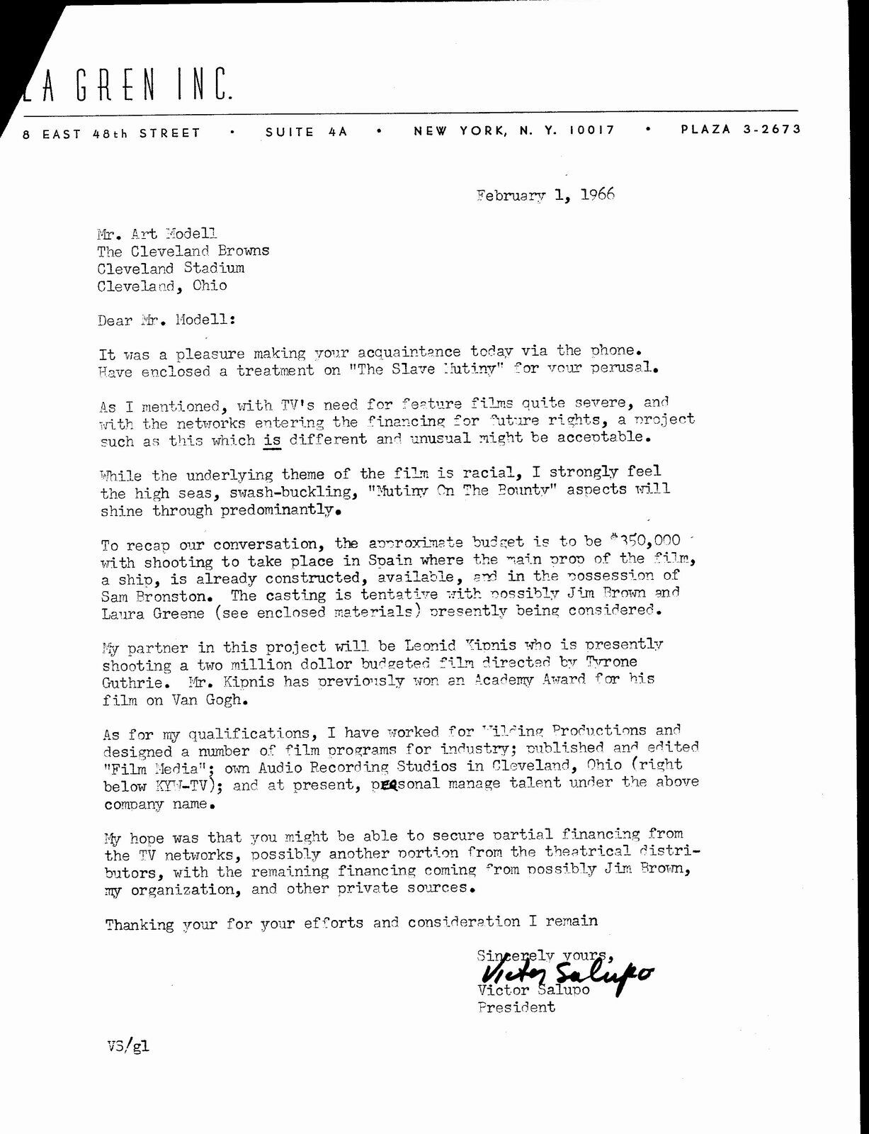 Febraury 9, 1964 Letter from Art Modell about "Slave Mutiny" Jim Brown 145008