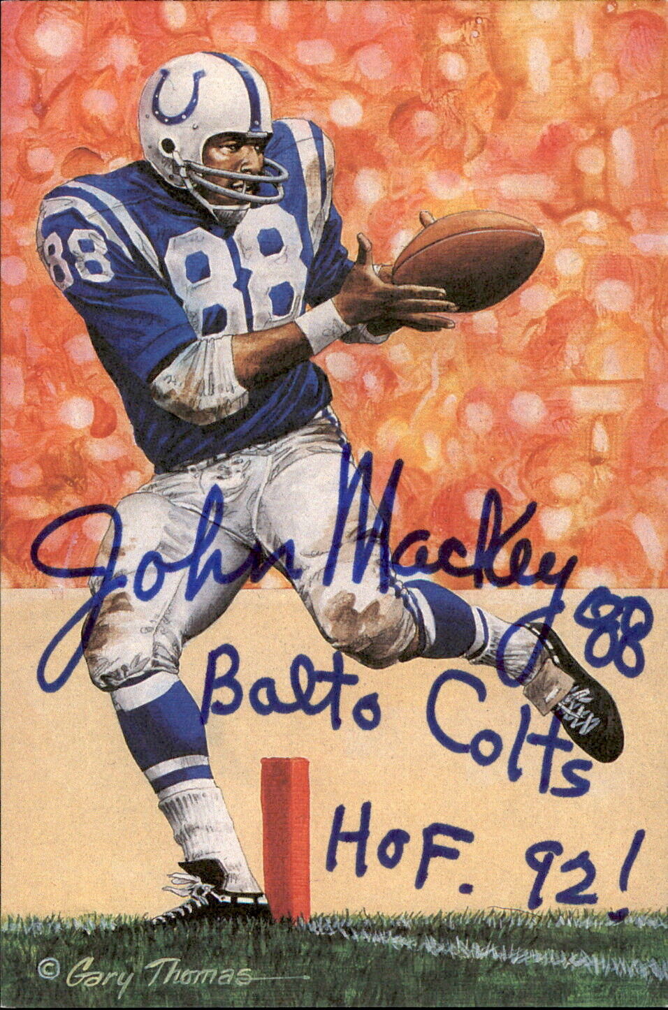 John Mackey HOF Autographed/Inscr Goal Line Art GLAC Postcard Balto Colts JSA