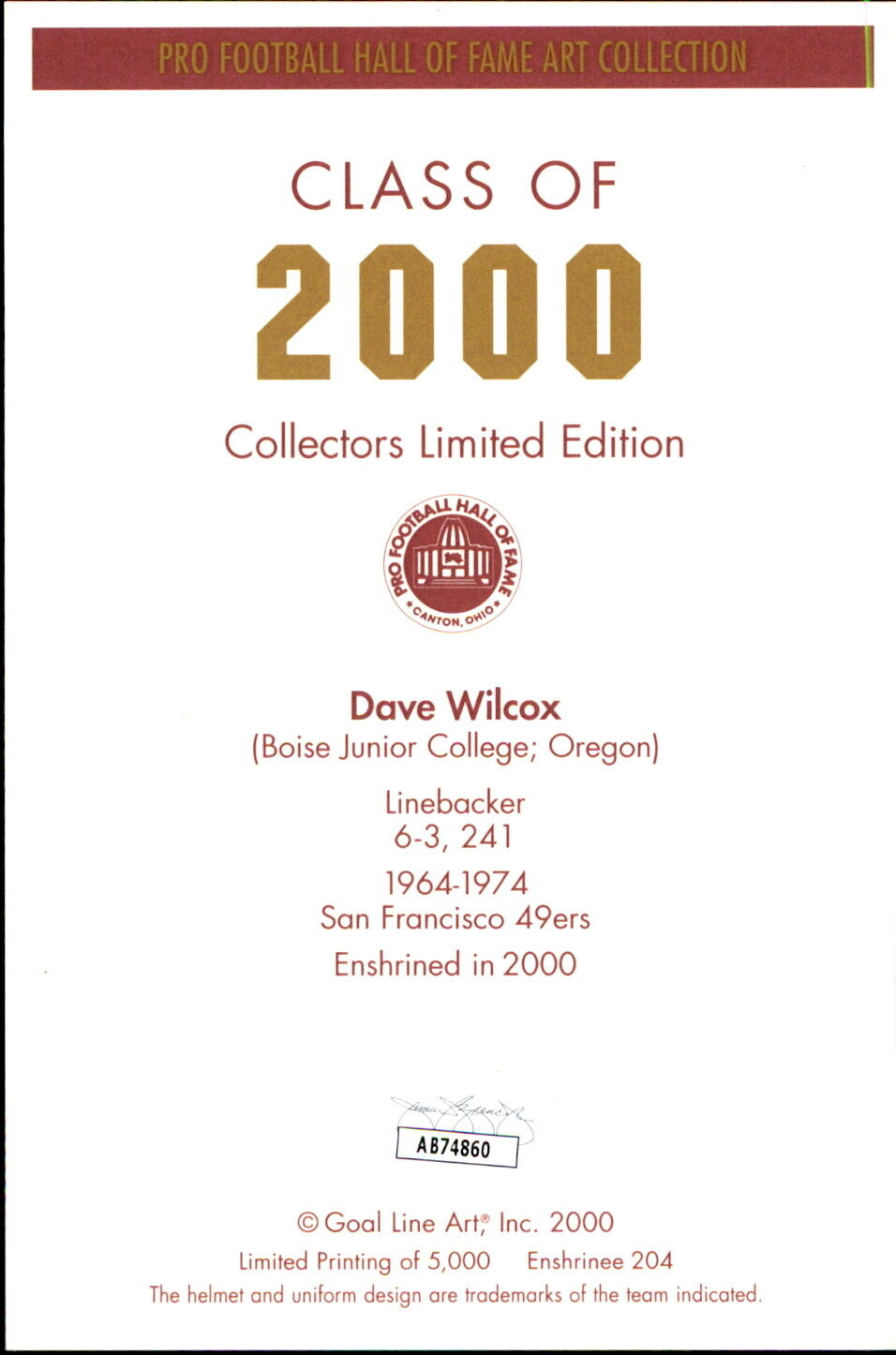 Dave Wilcox HOF Autographed/Inscribed Goal Line Art GLAC Postcard 49ers JSA