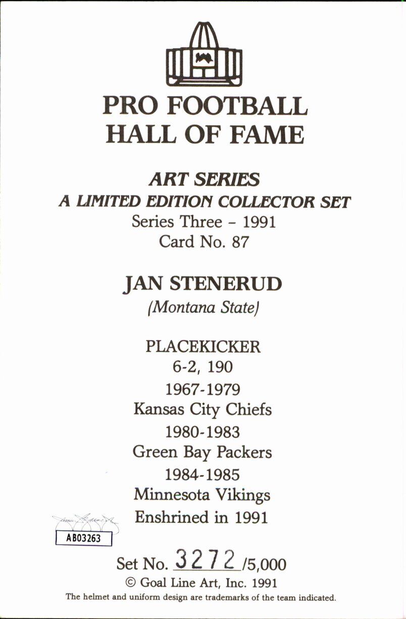 Jan Stenerud HOF Chiefs Signed/Inscr Goal Line Art GLAC Postcard JSA 167151