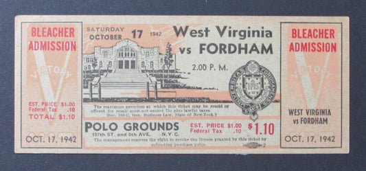 1942 West Virginia Mountaineers vs. Fordham  Proof Ticket 10/17/42 Polo Grounds