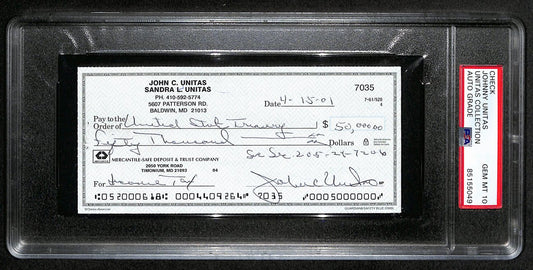 Johnny Unitas Signed 4/15/02 Check PSA/DNA GEM MT 10 188651