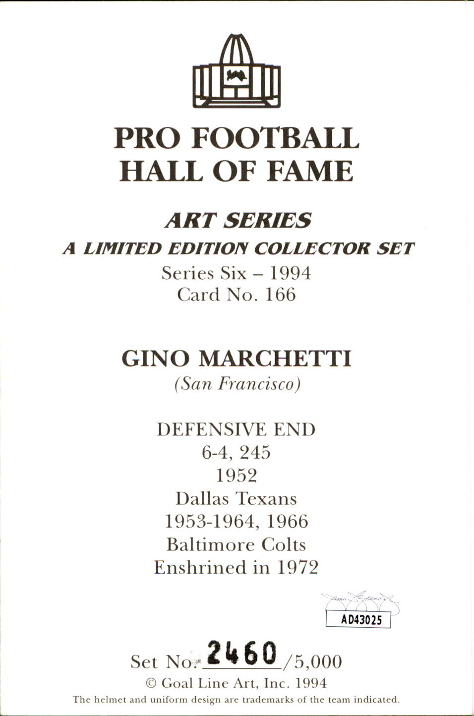 Gino Marchetti HOF Autographed Goal Line Art GLAC Postcard Baltimore Colts JSA