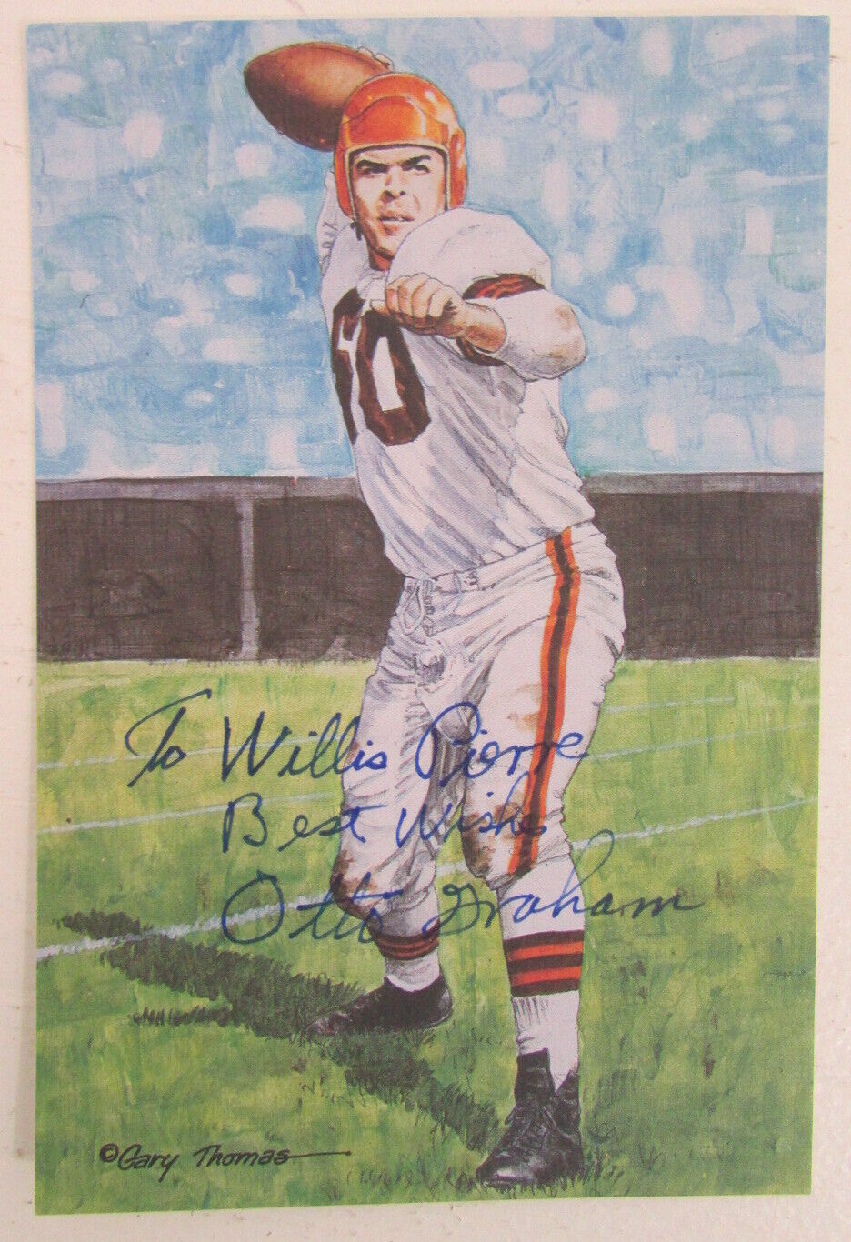 Otto Graham Browns HOF Autographed/Signed Goal Line Art Postcard 125378