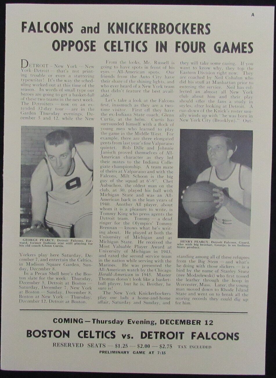 Vintage 1946 Boston Celtics vs. Detroit Falcons Game Program 176878