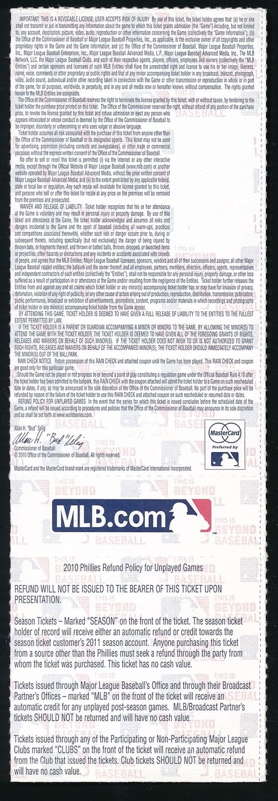 2010 NLDS Game 1 Phillies vs. Reds Full Ticket Roy Halladay No-Hitter 177147