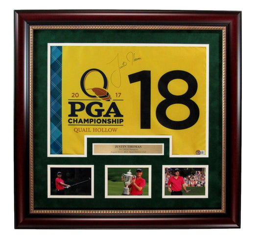 Justin Thomas Autographed 2017 PGA Championship Pin Flag Framed Beckett 189186