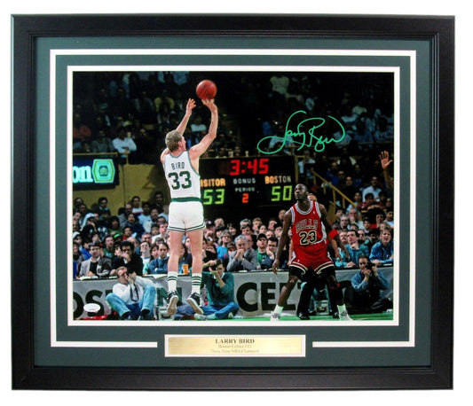 Larry Bird HOF Celtics Autographed 16x20 Photo with Jordan Framed JSA 183356