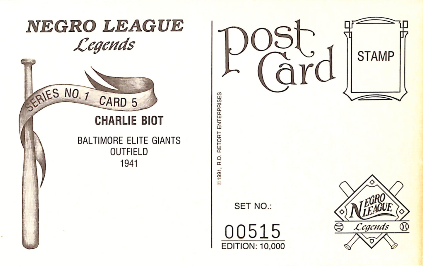 Charlie Biot Signed Negro League - Elite Giants 1991 Retort Post Card 181270