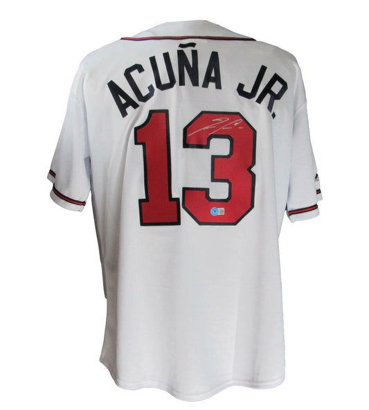 Ronald Acuna Jr. Signed Braves White Custom Baseball Jersey L Beckett 164314