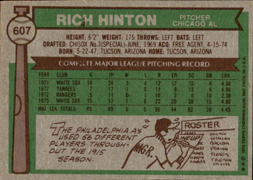 Rich Hinton Autographed 1976 TOPPS Card #607 Chicago White Sox 183423