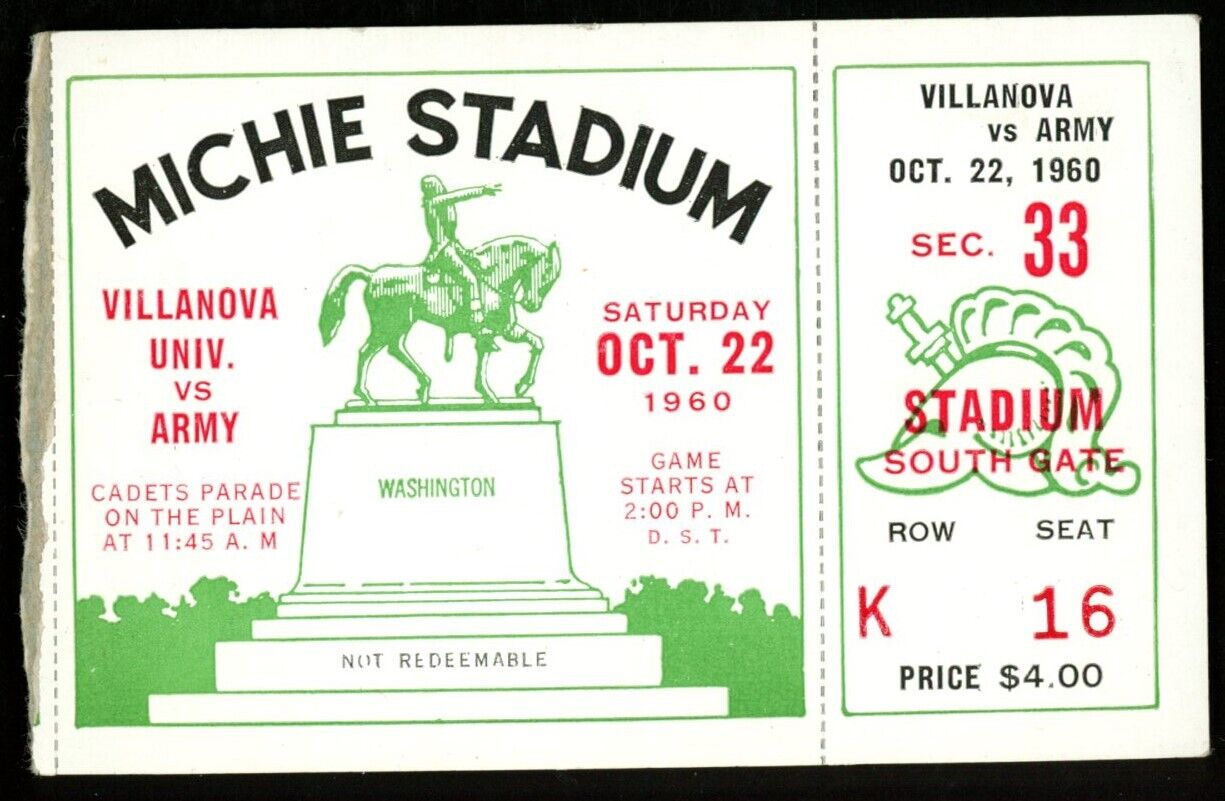 October 22, 1960 Villanova vs. Army College Football Game Ticket Stub