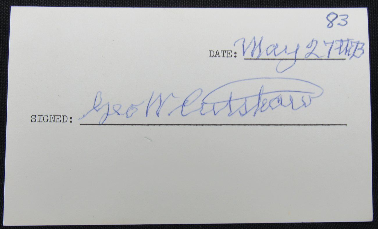 George Cutshaw 1912-1917 Brooklyn Dodgers d.1973 Signed 3x5 Index Card