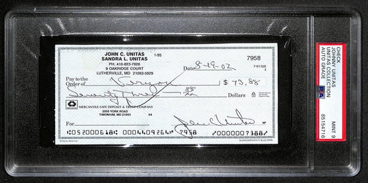 Johnny Unitas Signed 8/19/02 Check PSA/DNA MINT 9 188680