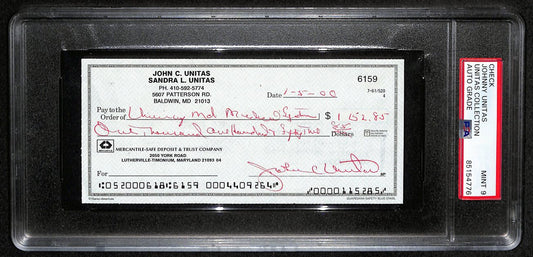 Johnny Unitas HOF Signed/Autographed 2000 Bank Check Colts PSA/DNA MINT 9 189577