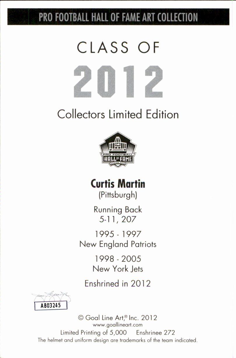 Curtis Martin HOF Jets Signed/Inscr Goal Line Art GLAC Postcard JSA 167133