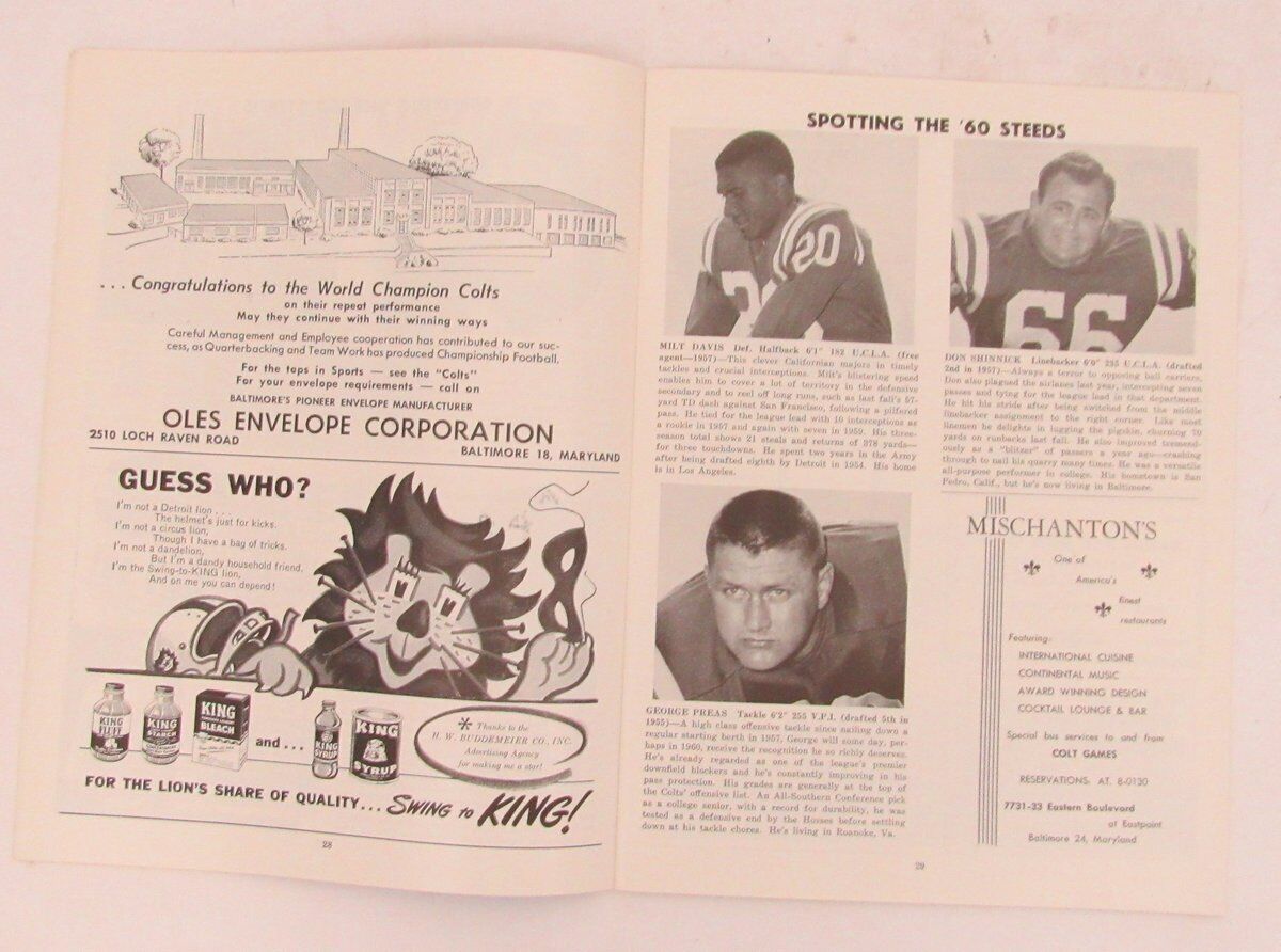 Baltimore Colts Detroit Lions 1960 Official Game Program 130768