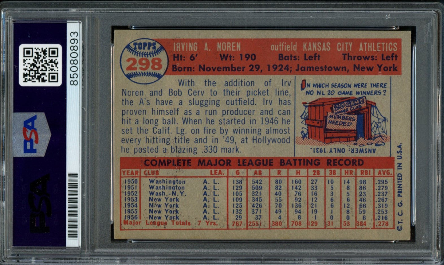 1957 TOPPS Irv Noren #298 Auth Card Signed Kansas City A's PSA/DNA 184133