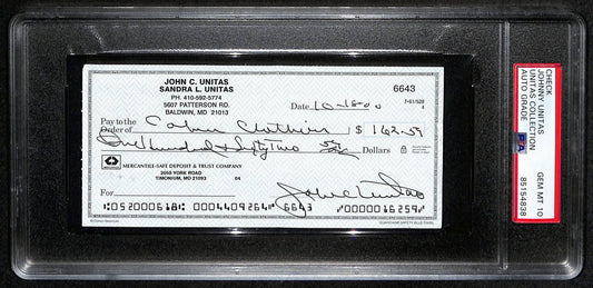 Johnny Unitas HOF Signed/Auto 2000 Bank Check Colts PSA/DNA GEM MT 10 189585