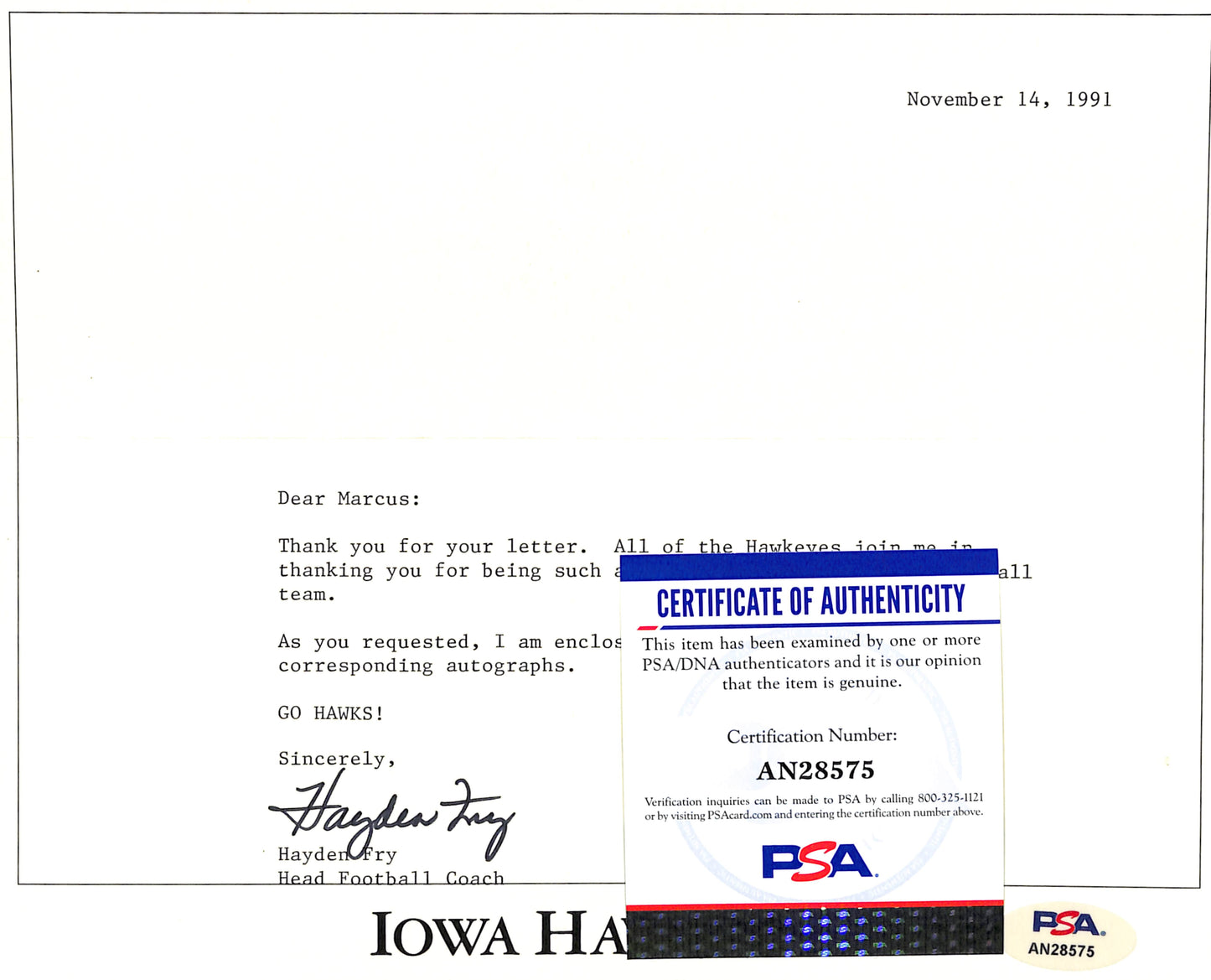 Hayden Fry Football Coach Signed TLS Letter University of Iowa PSA/DNA 185276