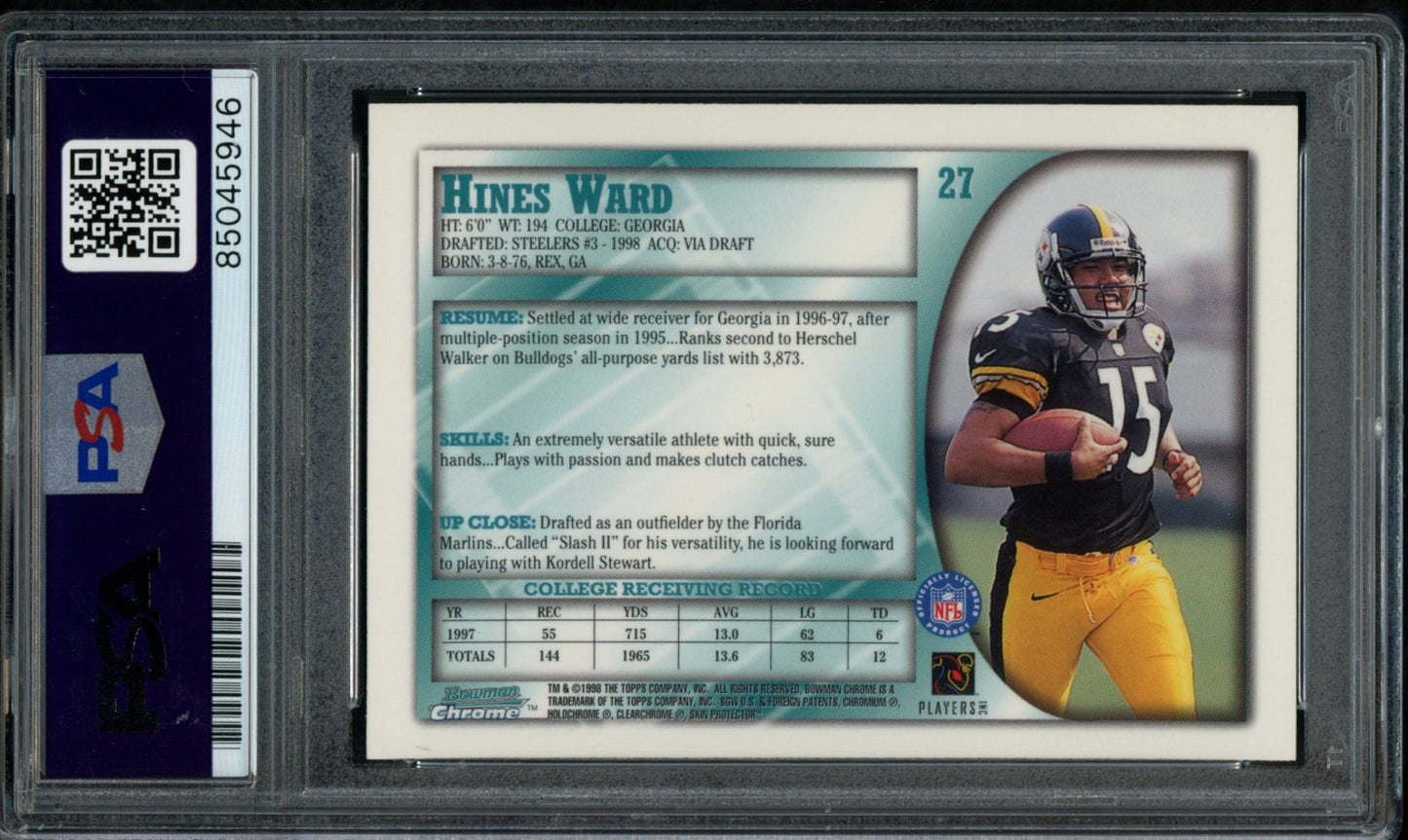 Hines Ward Steelers Autographed 1998 Bowman Rookie Card #27 PSA/DNA