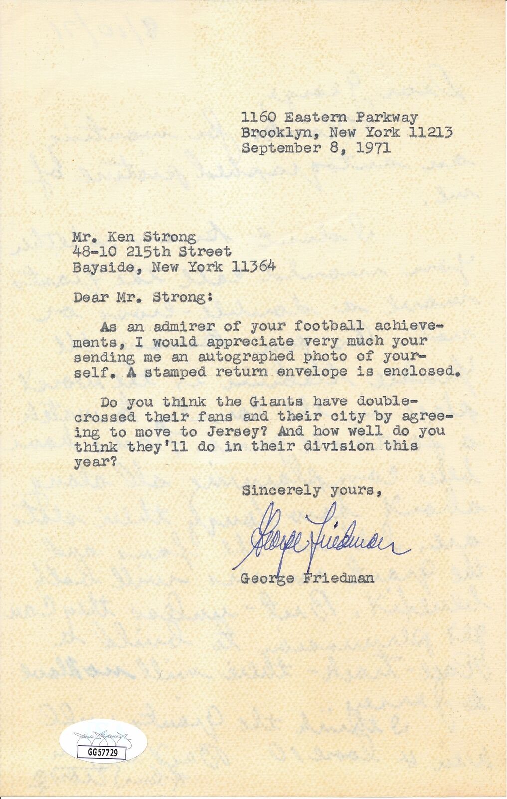 Ken Strong HOF Autographed Personal Letter New York Giants JSA