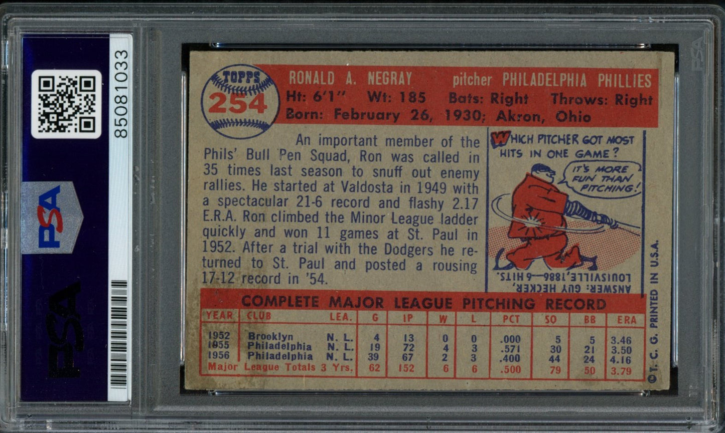 Ron Negray Signed 1957 Topps Trading Card #254 Phillies PSA/DNA 183575