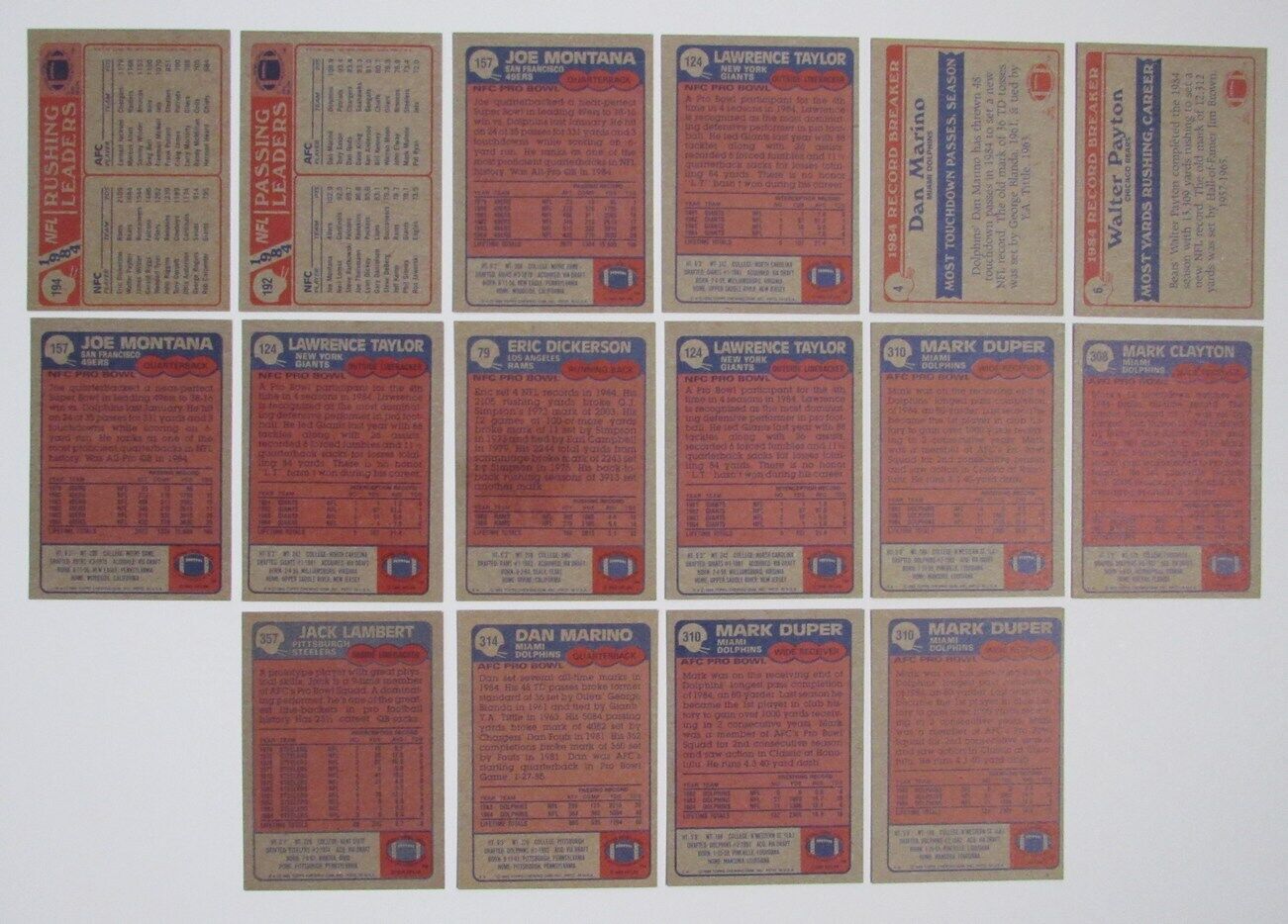 Lot of 1985 Topps Football Cards 16 Cards Montana/Taylor/Marino/Lambert 180316