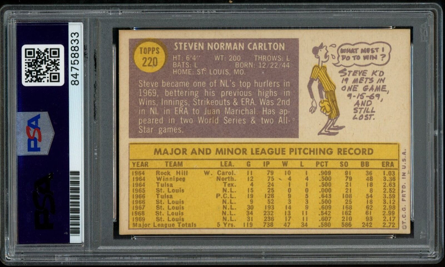 1970 TOPPS Steve Carlton HOF #220 Authentic Card Signed Cardinals PSA/DNA