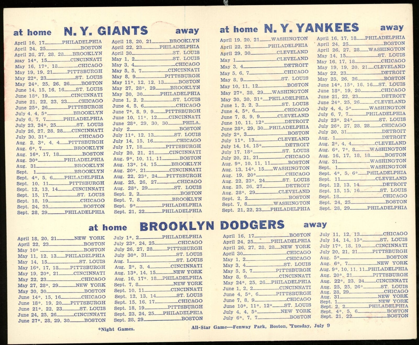 The NY Sun 1946 NY Yankees/NY Giants/Brooklyn Dodgers 3.5x5.5 Pocket Schedule